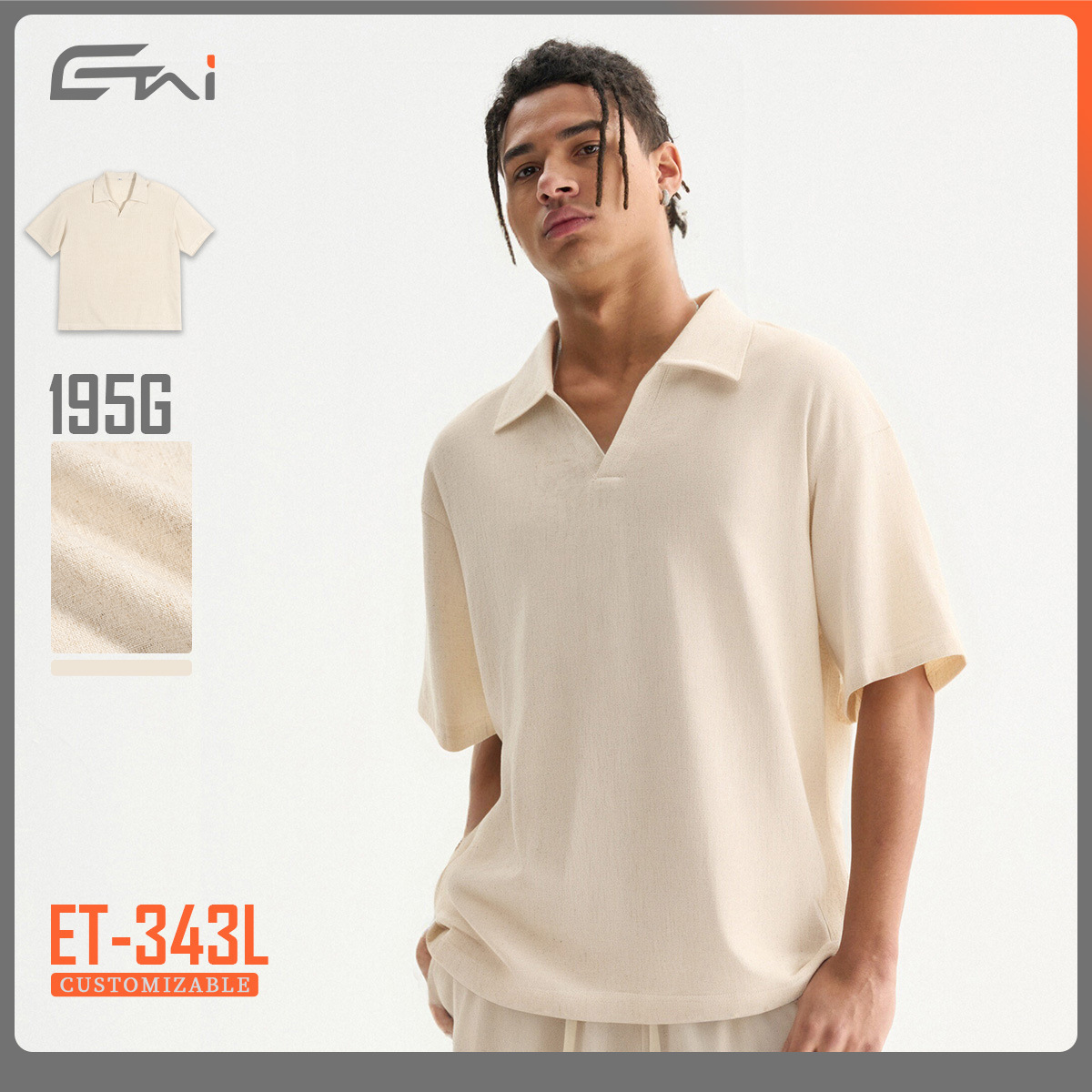 ETAI Hombre| Marca de marea transfronteriza polo con solapa suelta camiseta de lino y algodón de color sólido casual de cuello en V hombre mangas cortas image 1