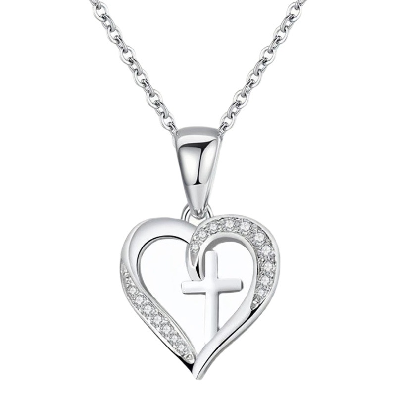 Cross-Border Fashion Style Amazon New Cross-Shaped Heart Pendant Necklace with Micro-Inlaid Zircon, Versatile Valentine's Day Gift