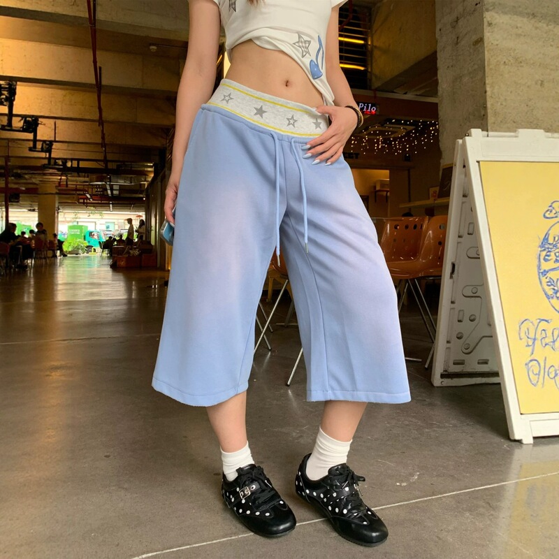 2026 New Vintage Patchwork Ribbed Double Waistband Star Print Cropped Pants for Women, Summer Millennial Women's Casual Pants 2026 New Vintage Patchwork Ribbed Double Waistband Star Print Cropped Pants for Women, Summer Millennial Women's Casual Pants