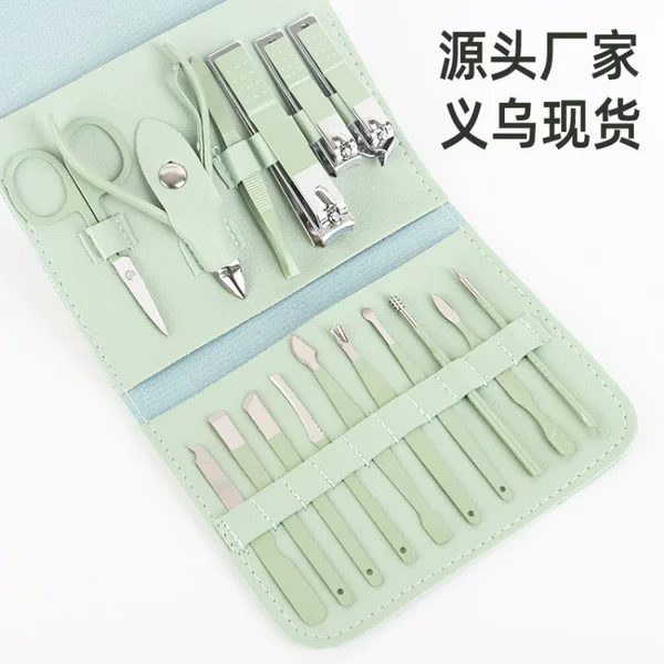 New Foldableing Bag Nail Clipper Set Matcha Green 16-Piece Manicure Tool Set Home Portable Nail Clipper Set