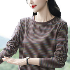 2025春秋衣外穿中年妈妈纯棉长袖条纹t恤女士宽松大码内搭打底衫