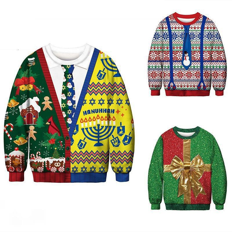 2024 código europeo transfronterizo Navidad 3D fiesta de impresión digital otoño e invierno pareja de hombres y mujeres cuello redondo suéter de manga larga