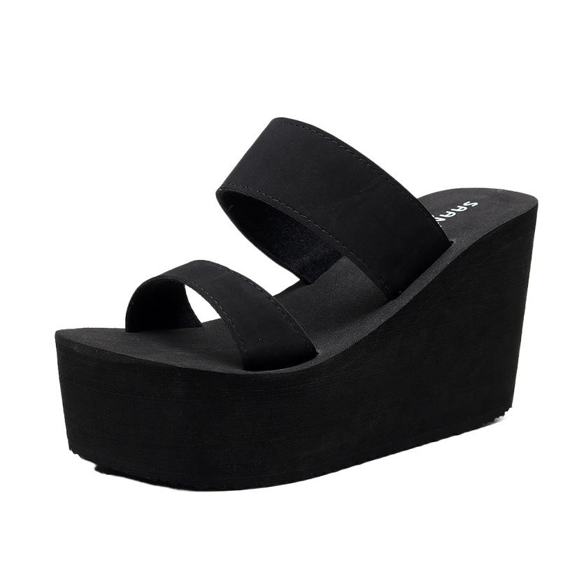 Sandalias antideslizantes de playa de verano sin cordones de color sólido, zapatillas de playa versátiles para vacaciones, zapatillas de mujer de 9 cm, tacones altos 6