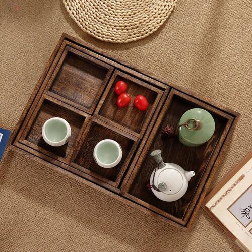 Nordic light luxury wooden tea tray for cooking tea around the stove solid wood retro burnt paulownia tea set tray seven-piece tray