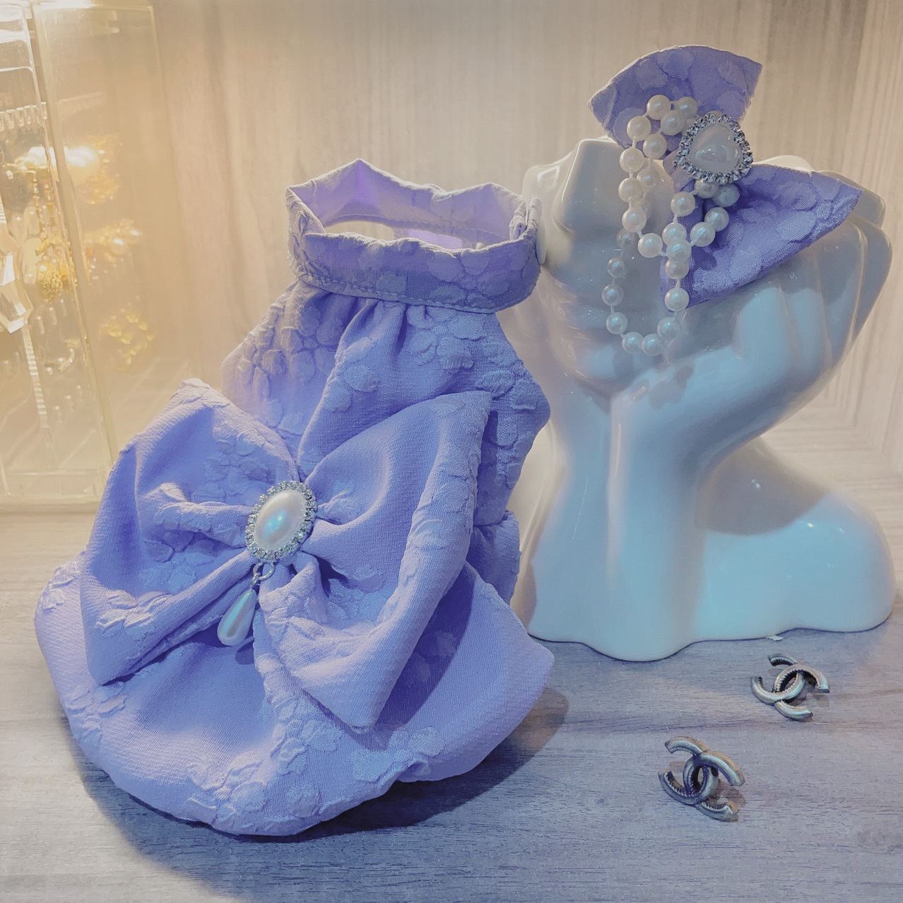 Celebrity Style Dog Dress Ultra Small Maltese Hair Accessory Set Summer Purple Big Bow Pearl Skirt