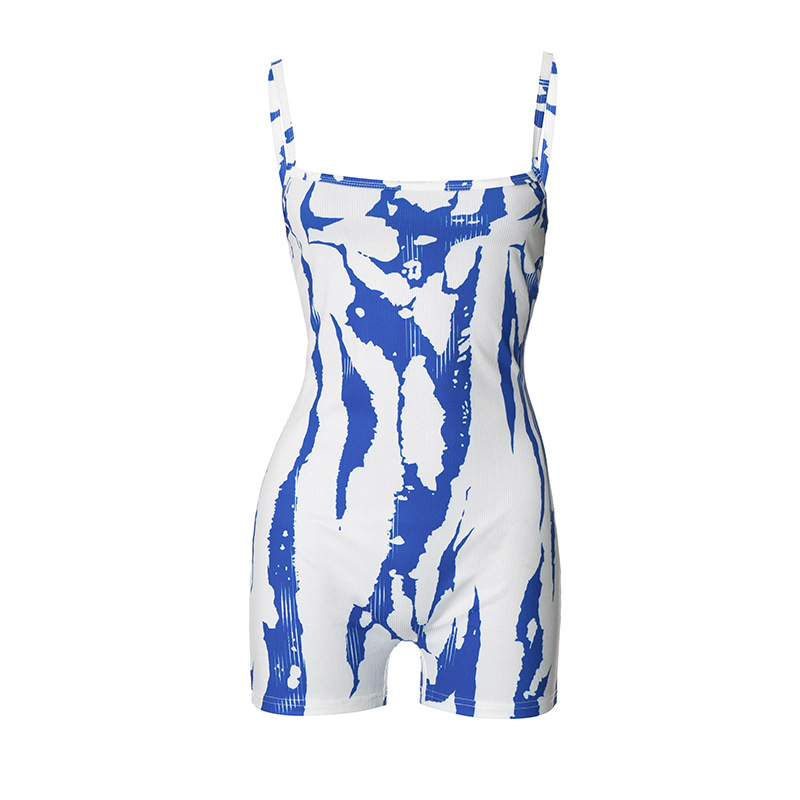 Women Clothing Summer Color Contrast Striped Sleeveless Strap Casual Sports Romper