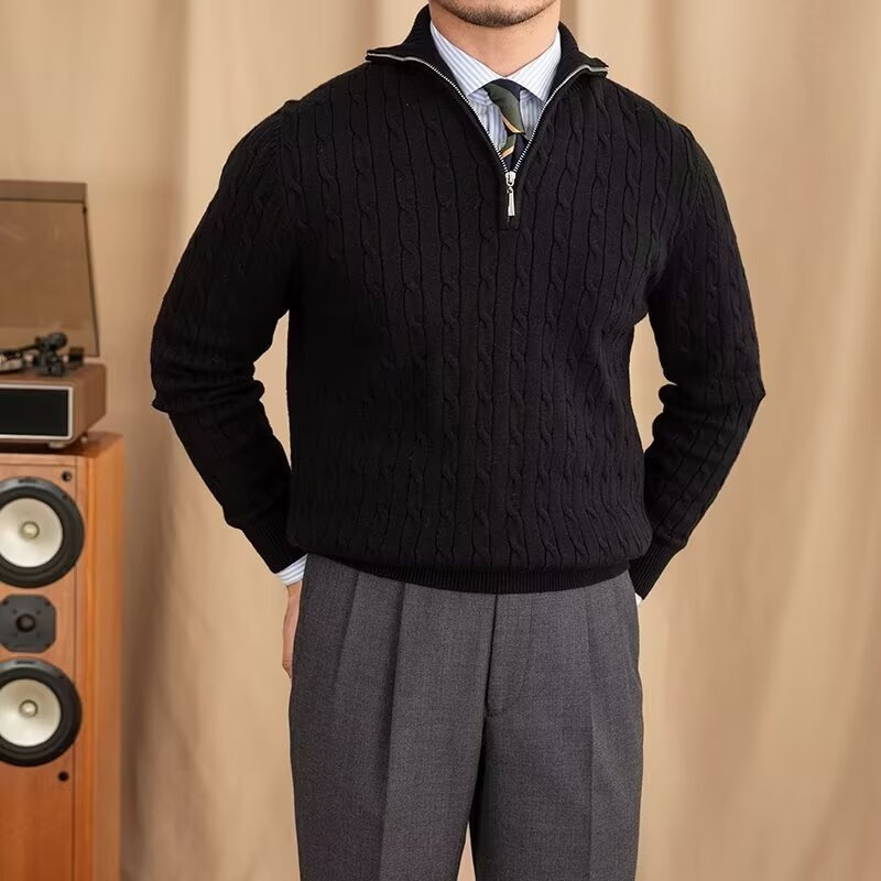 Autumn and Winter Hemp Texture Half-Zip Knitwear Men's Trendyy Casual Fashion Light Mature Casual Slim Stand-Up Collar Knitwear