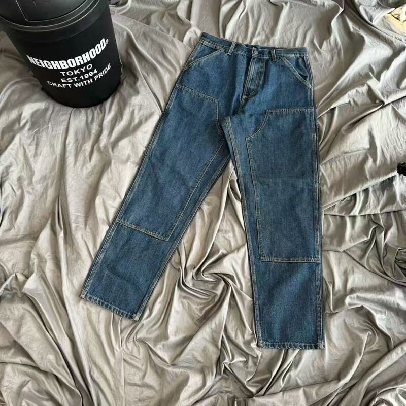 One-Piece Drop-Shipping American Retro Trendy Washed Double-Knee Jeans Crht Heavyweight B01 Straight-Leg Casual Pants