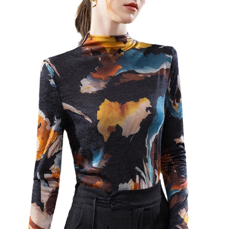 Camisa de fondo de cuello alto para mujer 2023 nueva camiseta de manga larga impresa Vintage para mujer temperamento Cintura interior superior ajustada image 6