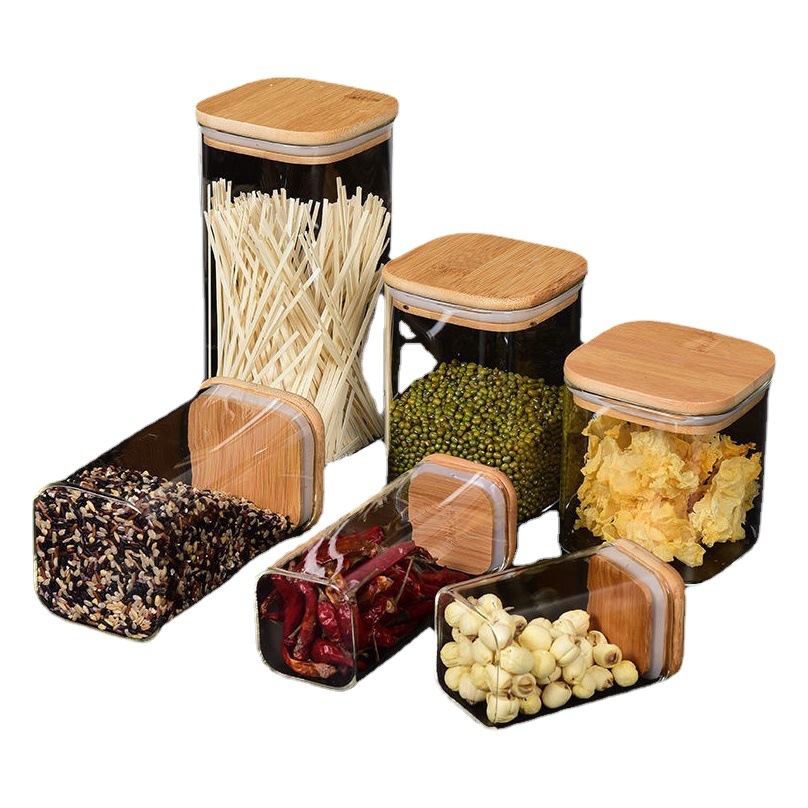 Tarro de almacenamiento de vidrio con alto contenido de borosilicato al por mayor Tarro sellado Tarro de té Tarro de tapa de bambú Tarro de vidrio cuadrado Tarro sellado de cocina