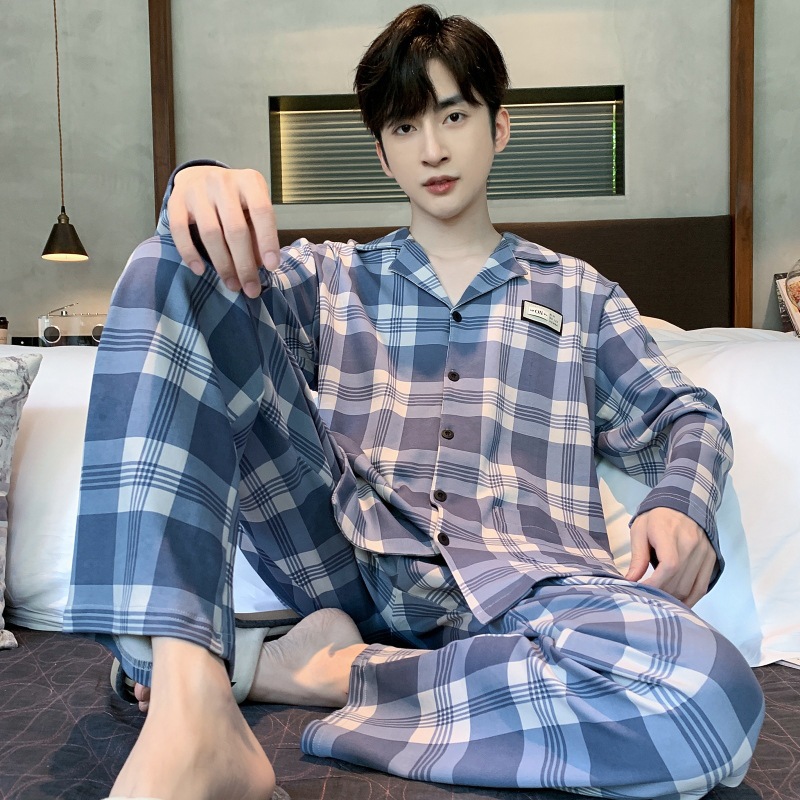 Pijamas de los hombres de primavera y otoño 100% algodón pantalones de manga larga delgada más tamaño de los hombres de alto grado traje de desgaste para el hogar