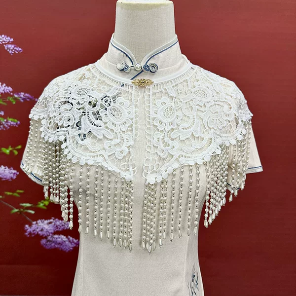 Cheongsam Shawl, Elegant Accessory, Photography Prop, Chinese-Style Outerwear, Elaborate Hanfu Lace Pearl Tassel Hand-Knitted Cloud Shawl