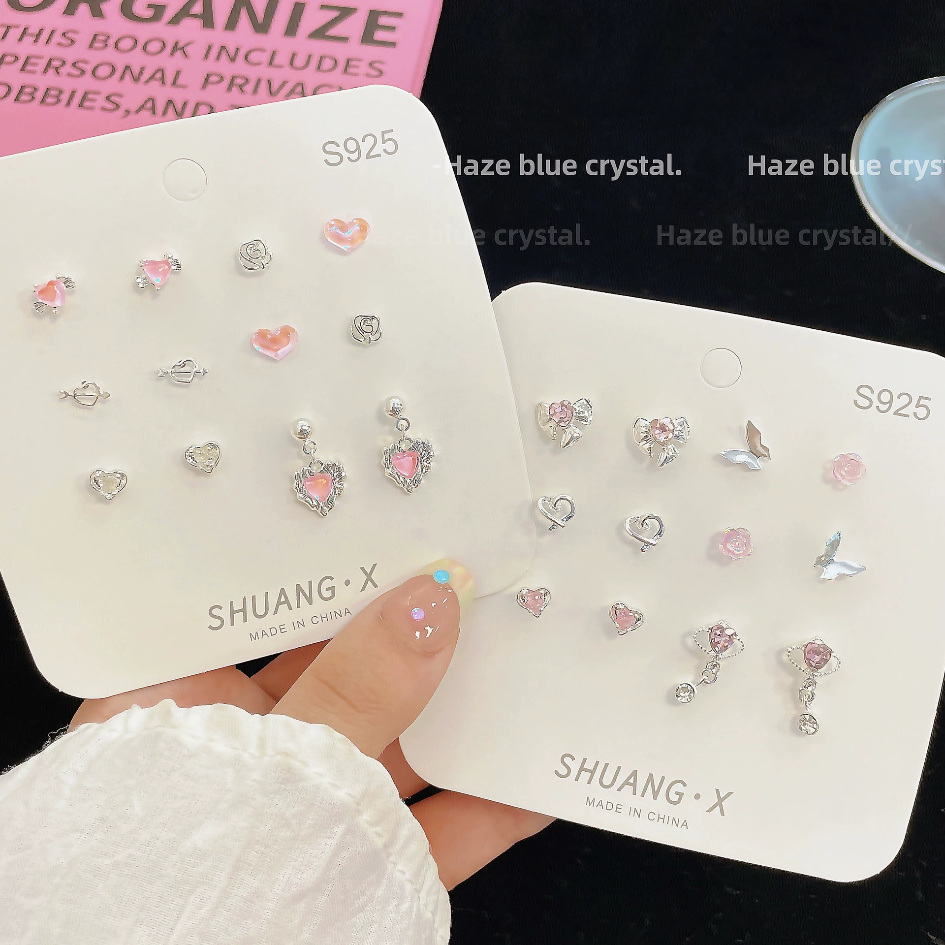 Набор серёг (SHUANG X) S925 серебряная игла, розовые кристаллы, 6 пар милый микс