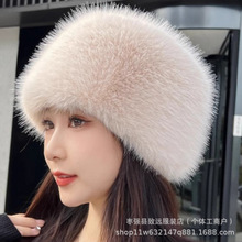 公主毛绒帽女狐狸毛平顶秋冬帽子加厚保暖水桶蒙古大帽檐时尚防寒
