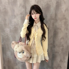 温柔甜美学院风套装裙女春秋2025新款假两件上衣+蛋糕半裙两件套