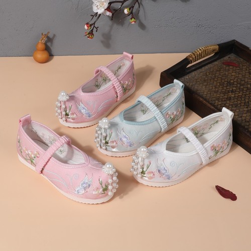 Children bead flower butterfly old Beijing girl kids embroidered shoes hanfu cloth shoes Chinese students costume show Fairy shoes