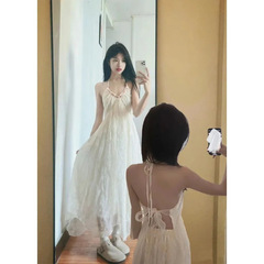 【オリジナル生地】羅月花神～純情風バックレスホルターネックサスペンダースカートプリントシフォンビーチドレス