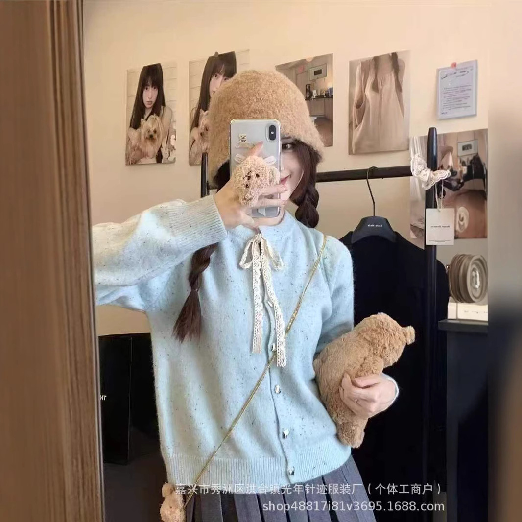 Korean Style Gentle Style Lace Lace Bow Knitted Cardigan Women's Autumn and Winter Sweet Heart Button Round Neck Sweater Jacket