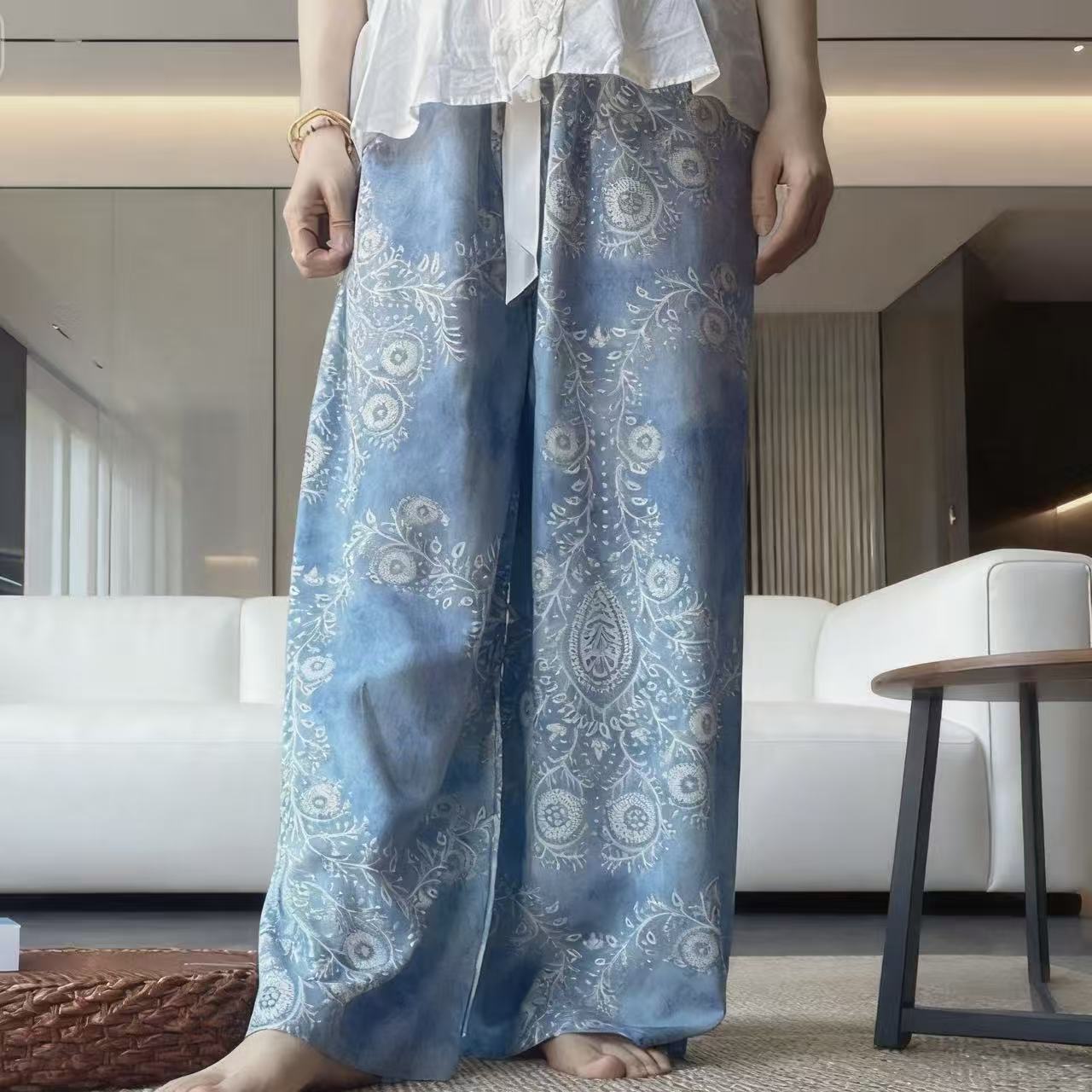 新款棉绸家居裤夏季遛弯人造棉复古碎花绵绸九分睡裤女加长可外穿