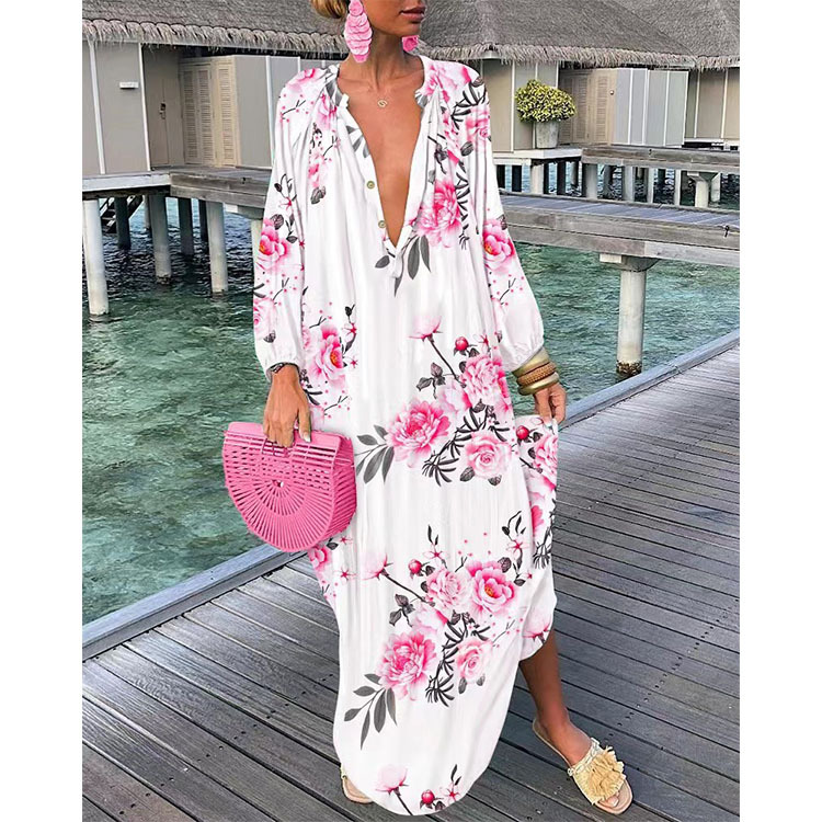 Women's Shirt Dress Vintage Style V Neck Button Long Sleeve Printing Maxi Long Dress Daily display picture 3