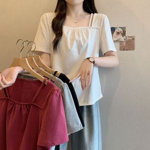 Real 2025 Summer Dress New plus size Women's Collar Pleated Short Sleeve T-Shirt Design Sense Shoulder Slimming Top 64299