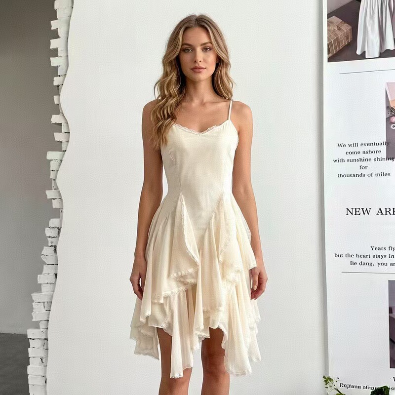 European and American Cross-Border Independent Website Lace Patchwork Design Sheer Lace Camisole Dress for Women, Spring Slim-Fit Dress