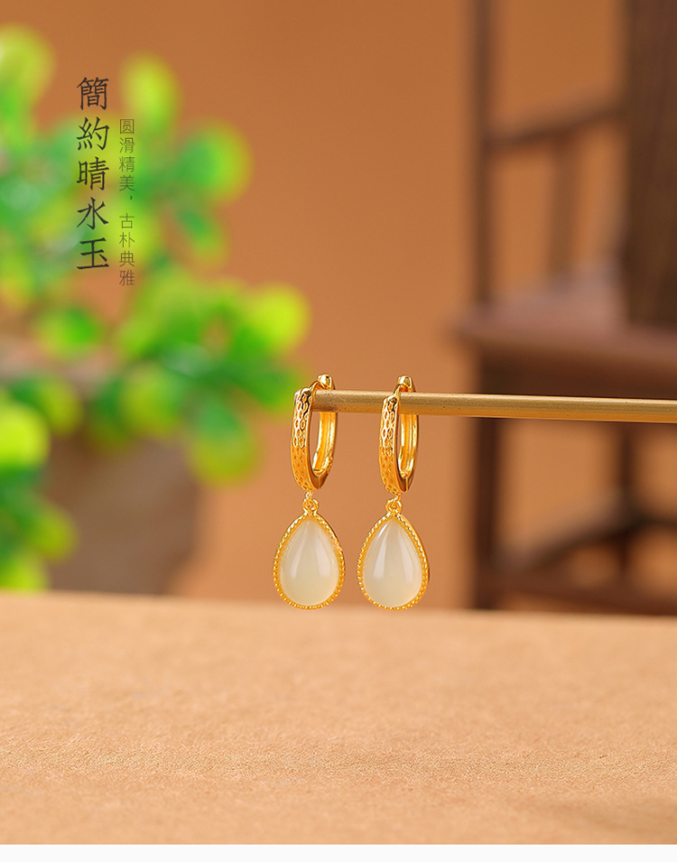 Khuyên tai nữ bạc S925 mạ vàng đính ngọc bích phong cách retro giọt nước — Một cặp chi tiết 1