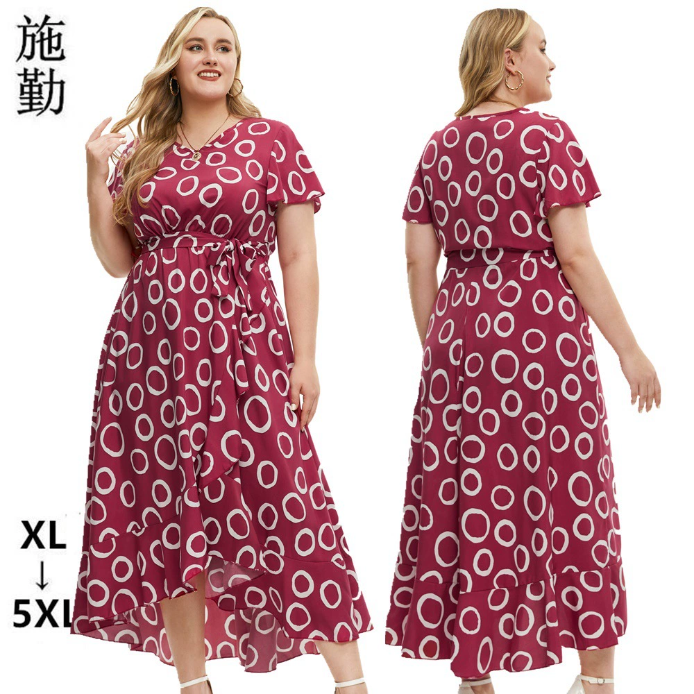 Европейская и американская одежда больших размеров для женщин, летнее новое платье с короткими рукавами в горошек, длинная юбка, оптовая продажа от производителя, дропшиппинг SQ0230