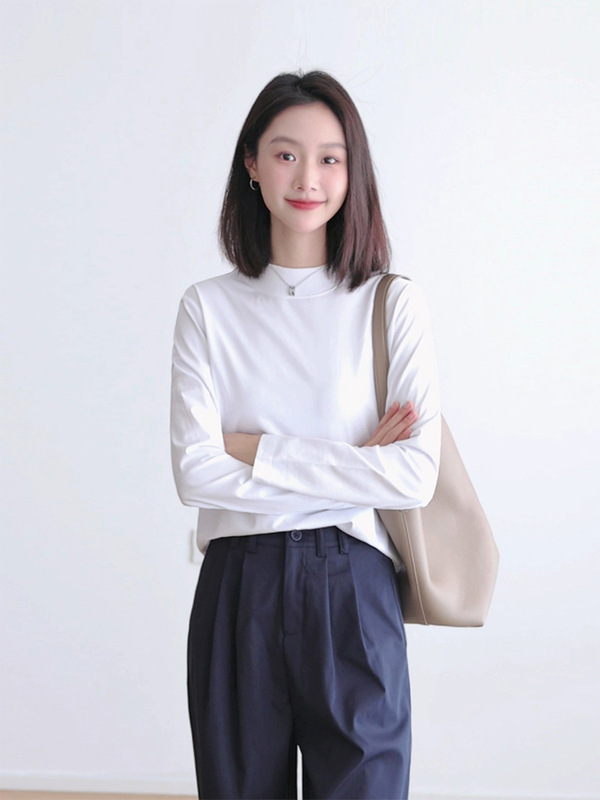 简约半高领t恤女长袖立领后缝线通勤宽松中领打底衫叠穿上衣|undefined