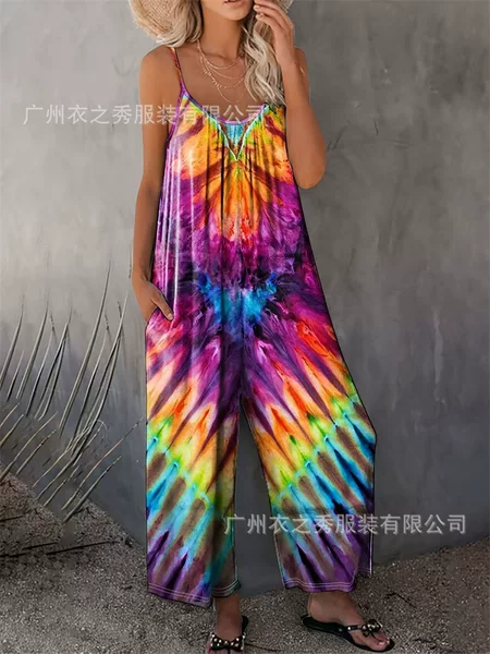 2025 Cross-border Women's Foreign Trade Tie-dye Loose Casual Sleeveless Pocket Pants