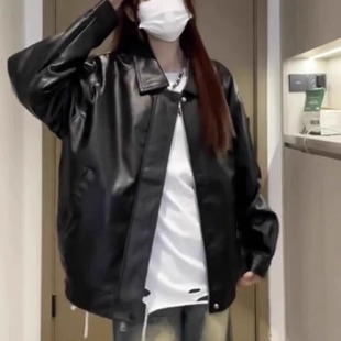 Hong Kong Style Solid Color PU Leather Coat Women's Spring and Autumn New Arrival All-Match Couples Retro Loose Jacket for Students Ins Trendy