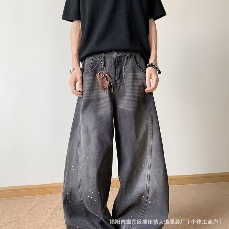 American Retro Ins Washed Splatter Jeans for Men, Summer Niche Vintage Loose Casual Wide-Leg Scimitar Pants