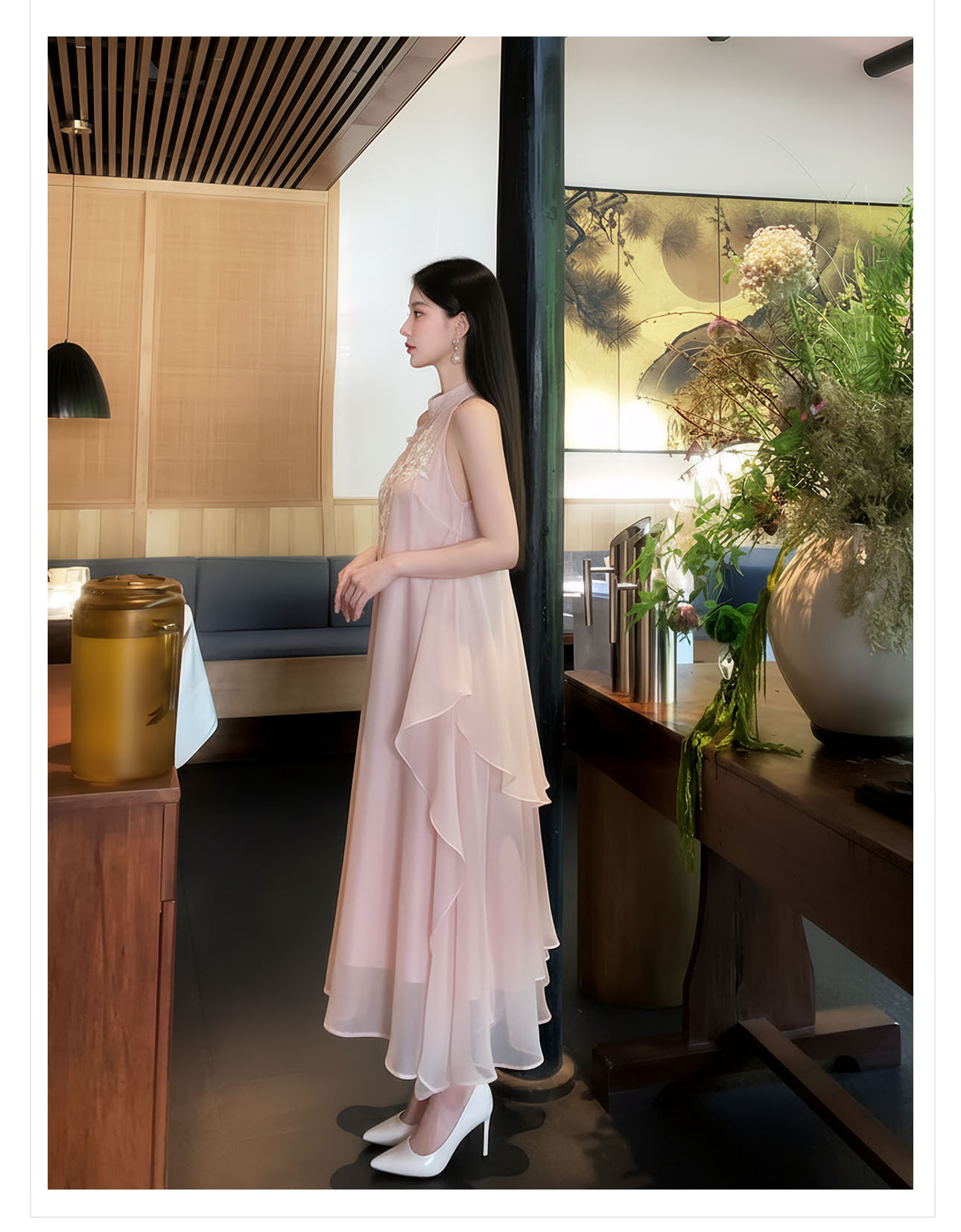 Đầm maxi thêu hoa phong cách Trung Hoa cổ điển, chất vải mỏng nhẹ mùa hè, tay lỡ, thắt eo — hồng chi tiết 15