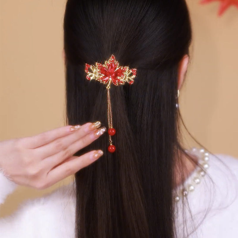 紅色楓葉森系流蘇高馬尾夾女高級感後腦勺髮夾優雅氣質丸子頭髮飾