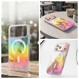 适用苹果17pm手机壳磁吸渐变镭射iPhone17pro彩镀羽毛13/14透明壳