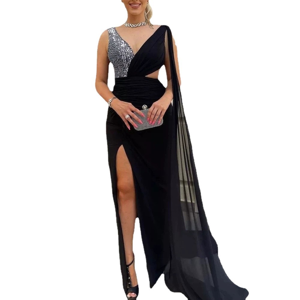 Amazon transfrontalier européen et américain double patchwork maille sequin fente sexy épaule dénudée robe de banquet en V profond robe de soirée