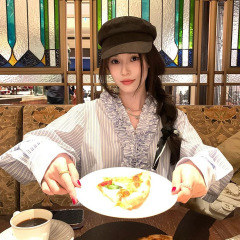 甜美风粉色条纹衬衫设计感木耳边长袖宽松衬衣女装秋季V领上衣ins