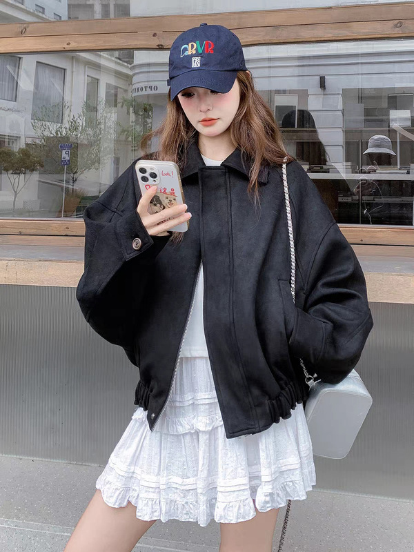 复古时尚棕色麂皮外套女2025春秋新款美拉德高级感翻领夹克短上衣|undefined