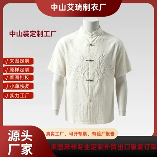 工厂新中式盘扣刺绣短袖衬衫定制 立领国风棉麻衬衣 复古唐装上衣