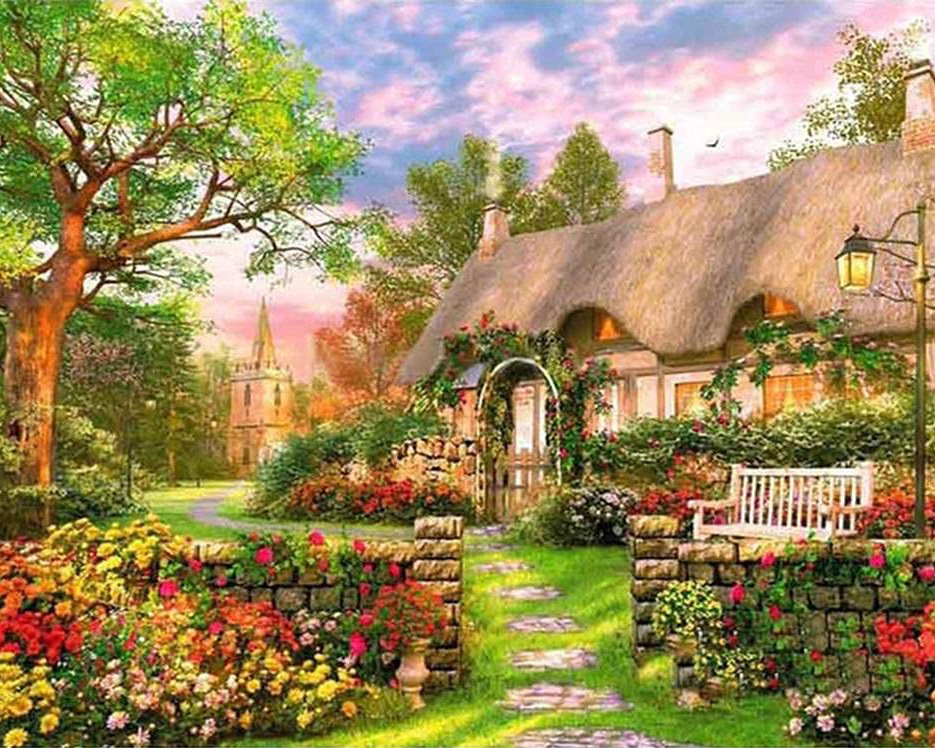 房屋庭院大树城堡鲜花钻石画