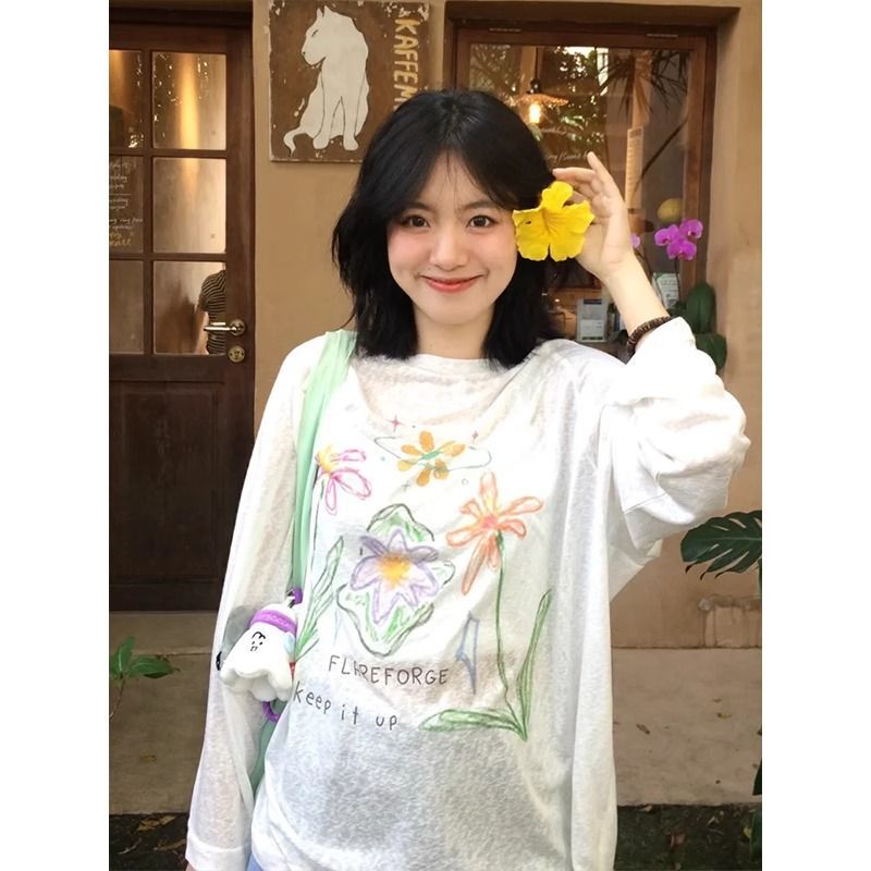 Ice Silk Lazy T-Shirt, Large Size, Sun-Protective, Long-Sleeved, Thin Cover-Up, Casual Versatile Printed Top, Trendy and Super Popular on Instagram Ice Silk Lazy T-Shirt, Large Size, Sun-Protective, Long-Sleeved, Thin Cover-Up, Casual Versatile Printed Top, Trendy and Super Popular on Instagram