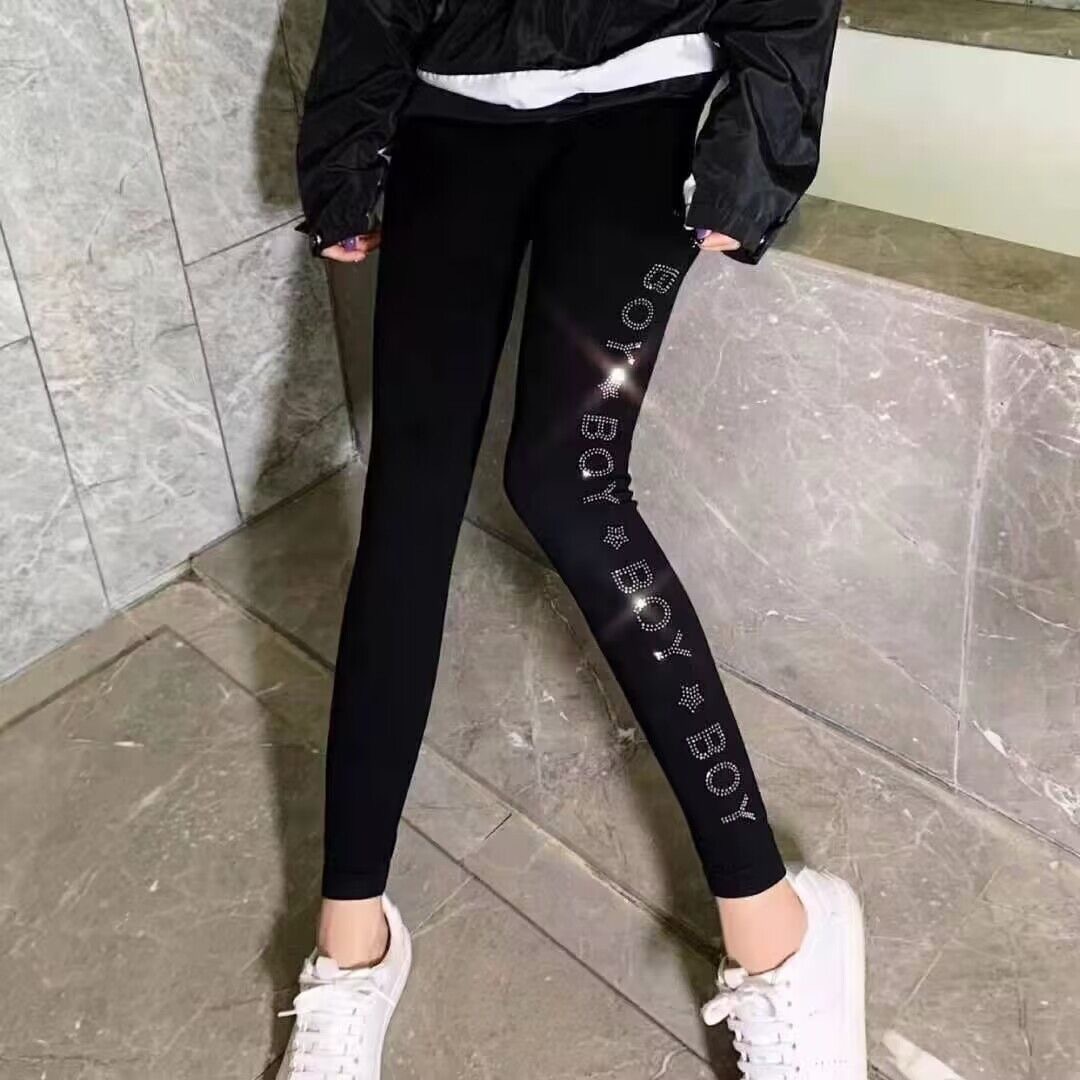 Leggings ajustados de modal, estilo grueso con adornos de pedrería resistentes, leggings de cintura alta para mujer, estilo delgado para uso exterior.