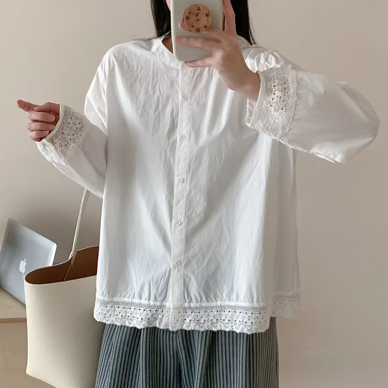 ins风下摆拼接蕾丝边棉质白衬衫女宽松百搭长袖立领衬衣女上衣潮|undefined