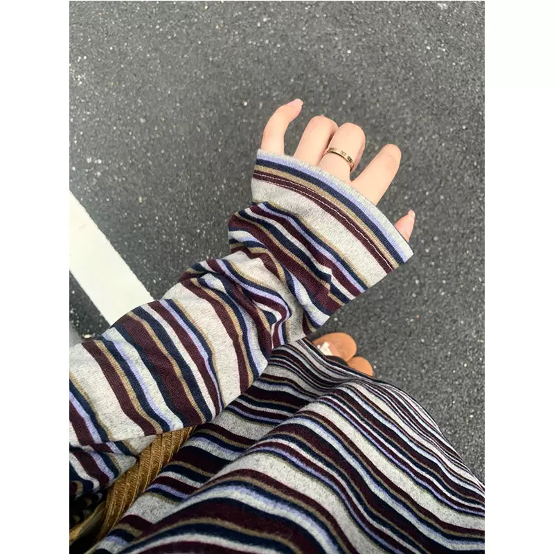MIU系条纹美学复古慵懒条纹撞色圆领长袖T恤女秋宽松上衣休闲百搭