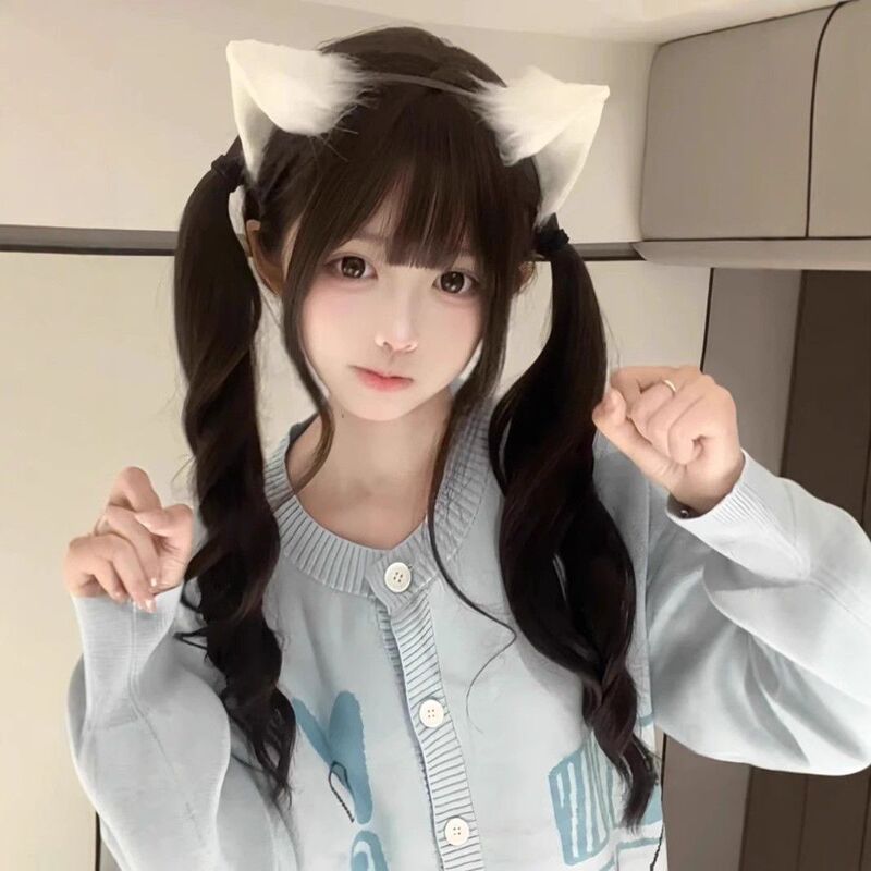 [Double Ponytails] Wig for Women 65cm Black Brown Roman Curly Hair Lolita Sweet Girl Jk Full Head with Bangs