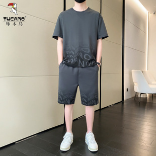Woodpecker Ice Silk Suit Men's Summer Thin Sports Short-Sleeved T-Shirt Set with Five-Point Casual Shorts for Men
