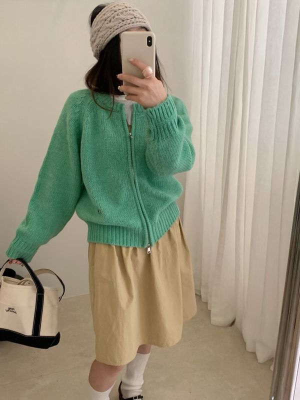 多巴胺色小个子短款针织开衫外搭女韩系风简约百搭减龄拉链毛衣女|undefined