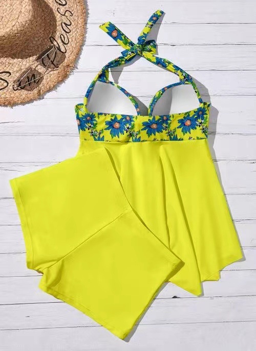 2022夏季跨境新款连体泳衣 黄色碎花性感遮肚泳衣女 沙滩温泉泳衣详情1