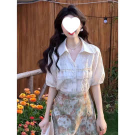 轻奢波西米亚风镂空短袖衬衫女夏季2026新款小众设计感杏色衬衣潮