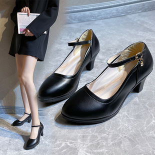 White Round Toe Shallow Mouth Leather Shoes Women's Single-layer Shoes with Buckle Middle Heel Thick Heel Performance Shoes Black Dance Shoes